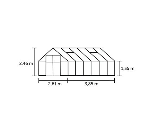 Desen tehnic al unui solar cu dimensiunile de 2,46 metri înălțime, 2,61 metri lățime și 3,85 metri lungime.