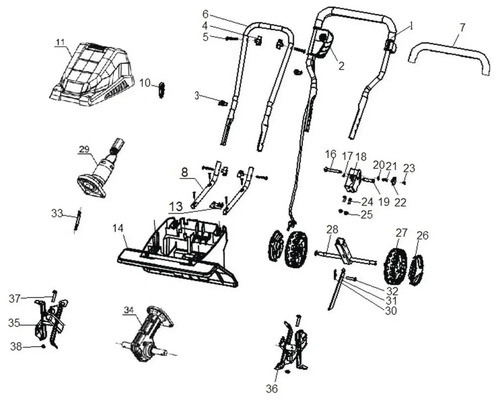 Desen explodat al unei mașini de tuns iarba cu diverse piese individuale