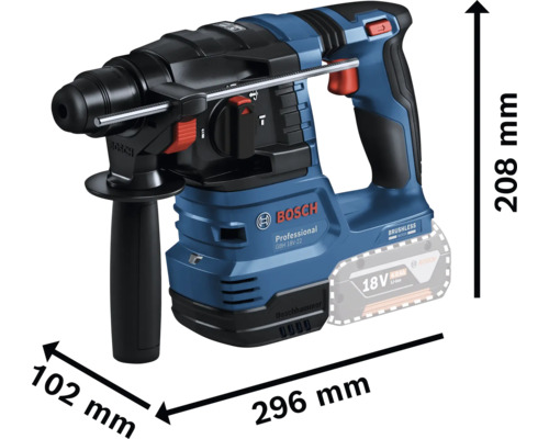 Ciocan rotopercutor Bosch cu dimensiunile de 208 mm înălțime, 102 mm lățime și 296 mm lungime