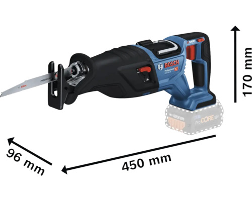 Fierăstrău electric tip sabie cu acumulator Bosch, cu o lungime de 450 mm, o înălțime de 170 mm și o lățime de 96 mm.