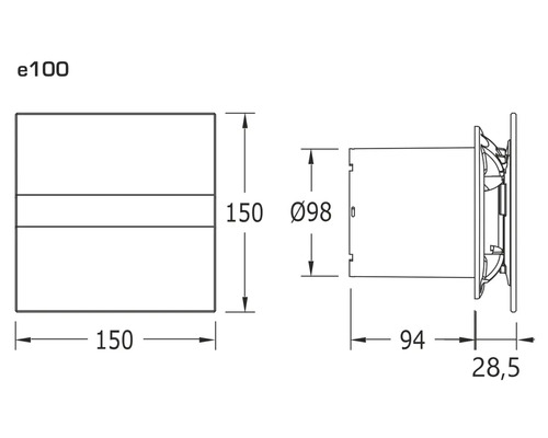 Desen tehnic al unui ventilator de perete cu dimensiunile de 150 x 150 milimetri și un diametru de 98 milimetri