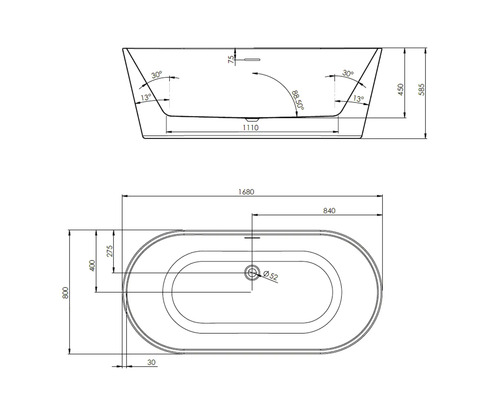 Desen tehnic al unei căzi cu dimensiuni