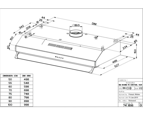 Desen tehnic al unei hote de aragaz cu dimensiuni