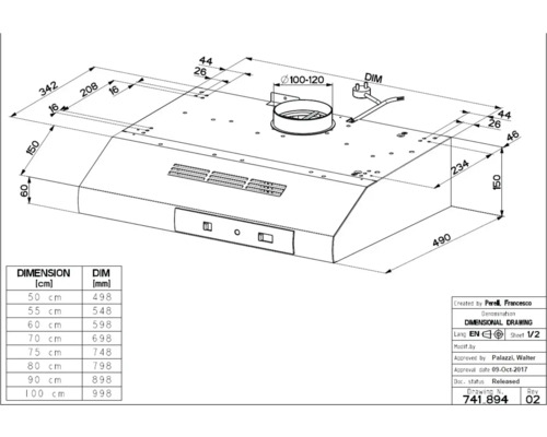 Desen tehnic al unei hote de aragaz cu cote