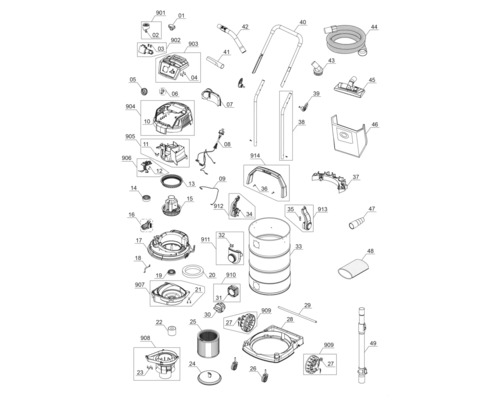 Desen explodat al unui aspirator cu piese și numere
