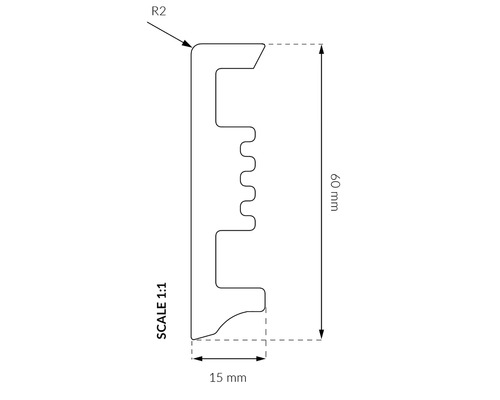 Desen tehnic al unui profil cu dimensiunile de 60 mm înălțime și 15 mm lățime.