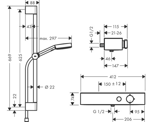 Desen tehnic al unei bare de duș cu dimensiuni
