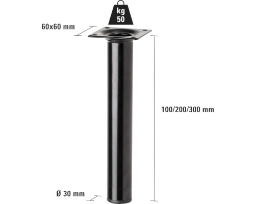Picior de masă metalic, diametru 30 mm, placă 60 x 60 mm și capacitate portantă 50 kilograme