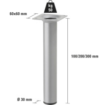 Picior metalic pentru mobilă, înălțime 100/200/300 mm, diametru 30 mm, capacitate portantă 50 kg