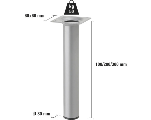 Picior metalic pentru mobilă, înălțime 100/200/300 mm, diametru 30 mm, capacitate portantă 50 kg
