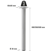 Picior de mobilă cu dimensiunile de 60 x 60 mm, diametrul de 30 mm, înălțimea de 400/500/600 mm și o capacitate portantă de 50 de kilograme