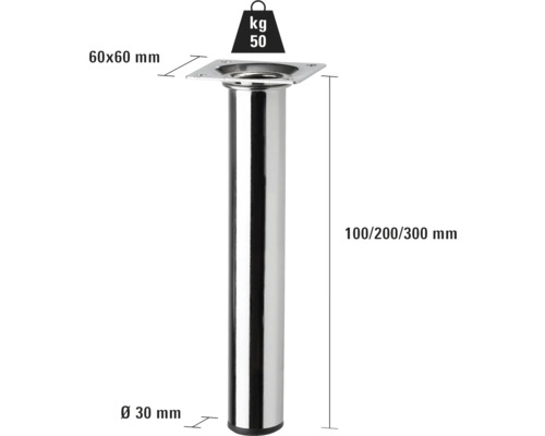Picior de mobilier din metal, înalt de 100, 200 sau 300 milimetri și care poate susține până la 50 de kilograme