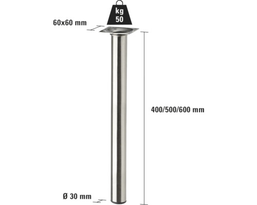 Picior de masă metalic cu o capacitate portantă de 50 de kilograme și dimensiunile de 60 x 60 milimetri, 30 milimetri diametru și o înălțime de 400, 500 sau 600 milimetri
