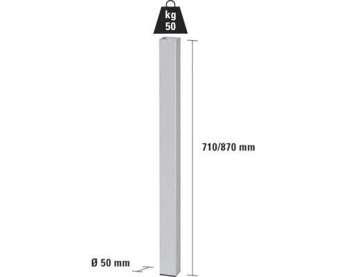 Stâlp metalic cu dimensiunile 710/870 mm și un diametru de 50 mm cu o capacitate maximă de încărcare de 50 kg