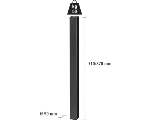Stâlp cu dimensiunile de 710/870 mm înălțime și 50 mm diametru, greutate 50 kg