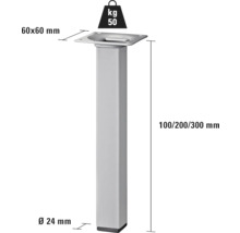 Picior de masă metalic cu dimensiunile 60 x 60 milimetri, o lungime de 100, 200 sau 300 milimetri și o capacitate portantă de 50 kilograme