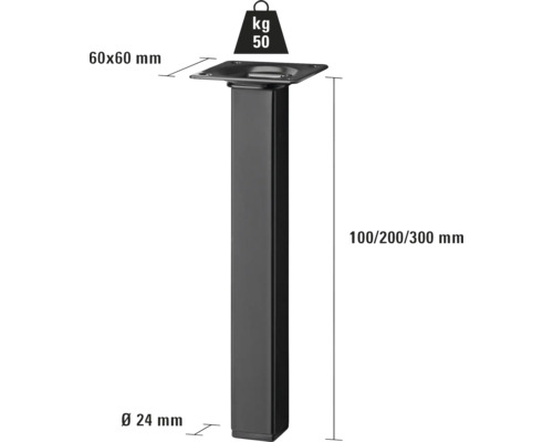 Picior de mobilă negru din metal cu dimensiunile 100/200/300 mm și o capacitate portantă de 50 de kilograme.