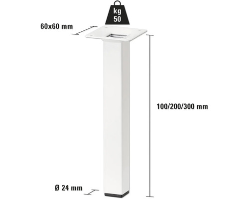 Picior metalic pentru mobilă, înălțime de 100, 200 sau 300 milimetri, cu o capacitate portantă de 50 kilograme