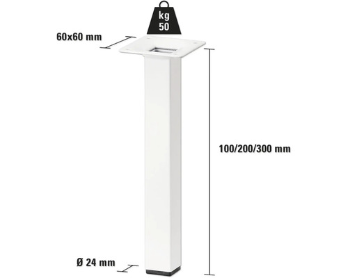 Diagrama produsului unui picior de masă cu dimensiunile de 60 x 60 mm, diametrul de 24 mm, înălțimea de 100, 200 sau 300 mm și o capacitate portantă de 50 de kilograme.