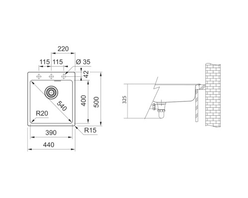 Desen tehnic al unei chiuvete cu dimensiuni