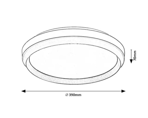 Desen tehnic al unei lămpi de tavan cu dimensiunile de 390 mm diametru și 70 mm înălțime