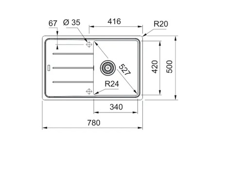 Desen tehnic al unei chiuvete cu dimensiuni.