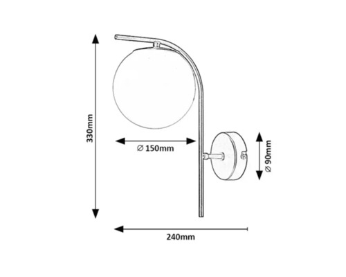 Schiță a unei lămpi de perete cu dimensiunile de 330 mm înălțime, 240 mm lățime, diametrul abajurului de 150 mm și diametrul bazei de 90 mm.