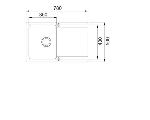 Desen al unei chiuvete cu dimensiuni: 780 milimetri lungime, 500 milimetri lățime, chiuvetă 350 milimetri lungime, 430 milimetri lățime