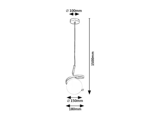 Schiță a unei lămpi suspendate cu dimensiunile de 1500 mm lungime, 100 mm diametrul suspensiei, 150 mm diametrul sferei lămpii și 180 mm lățimea elementului sub suspensie.