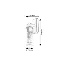 Desen tehnic al unei lămpi de perete cu dimensiuni: 125 mm adâncime, 290 mm înălțime și 75 mm diametru.