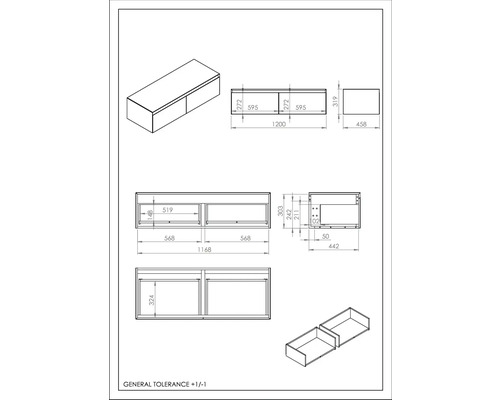 Desen tehnic al unui dulap de bază pentru lavoar cu dimensiuni