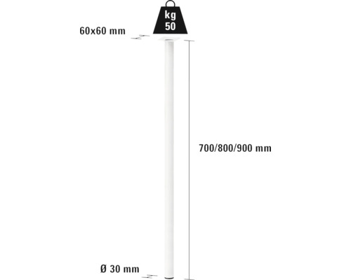 Picior de masă metalic, diametru 30 mm, lungime 700, 800 sau 900 mm, capacitate portantă 50 kg