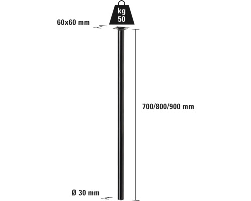 Reprezentare produs a unui picior de masă cu dimensiunile 60x60 mm, 700/800/900 mm și diametrul de 30 mm. Capacitatea portantă este de 50 de kilograme.