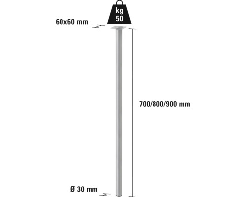 Ilustrație a unui suport metalic cu dimensiuni de 700, 800 sau 900 mm înălțime și 30 mm diametru.