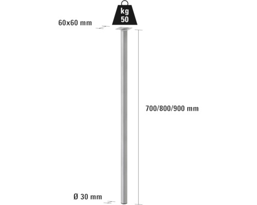 Desen tehnic cu un picior de masă cu dimensiunile de 700, 800 sau 900 milimetri lungime și 30 milimetri diametru