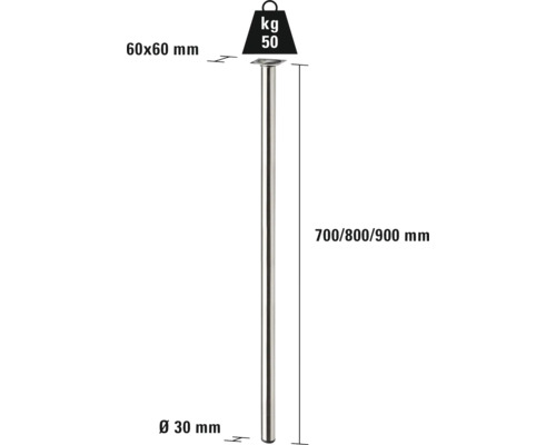 Picior de masă din metal, diametru 30 milimetri, lungime 700, 800 sau 900 milimetri, capacitate portantă 50 kilograme