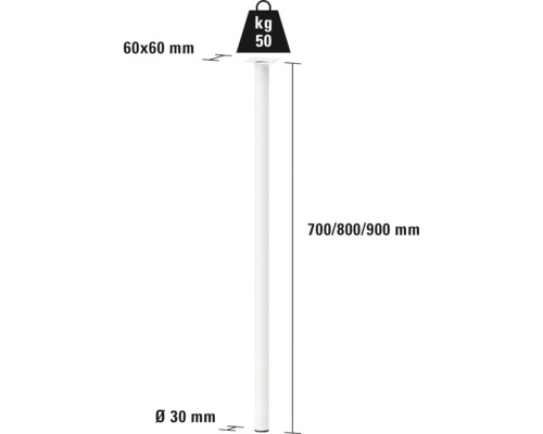 Diagramă produs picior de sprijin cu dimensiunile 700, 800 și 900 milimetri și o capacitate portantă de 50 kilograme