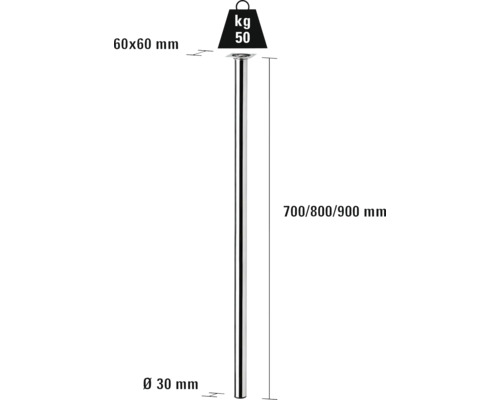 Desen al unui picior de masă cu dimensiunile de 60 x 60 milimetri, diametrul de 30 milimetri și o lungime de 700, 800 sau 900 milimetri