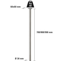 Imagine a unui picior de masă cu dimensiunile de 60 x 60 mm, diametru de 30 mm, înălțime de 700, 800 și 900 mm, capacitate portantă de 50 kg.