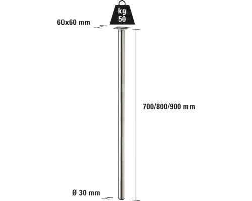 Imagine a unui picior de masă cu dimensiunile de 60 x 60 mm, diametru de 30 mm, înălțime de 700, 800 și 900 mm, capacitate portantă de 50 kg.