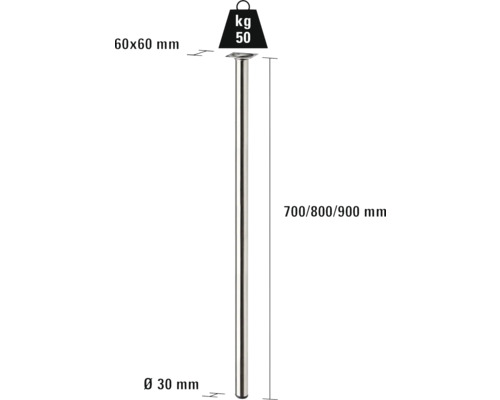 Desen tehnic al unui picior de masă cu dimensiunile de 60x60 mm pentru placa de montare, diametru de 30 mm și lungime de 700, 800 sau 900 mm. Capacitatea maximă de încărcare este de 50 kg.