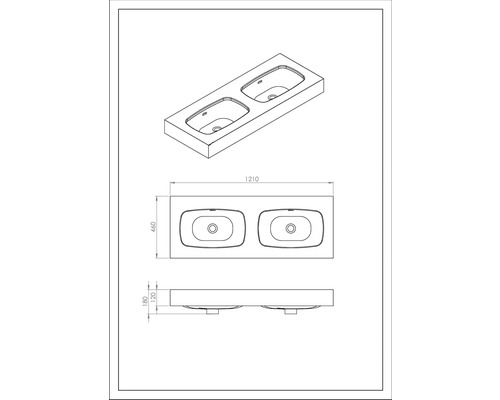 Desen tehnic al unui lavoar cu două chiuvete și dimensiuni