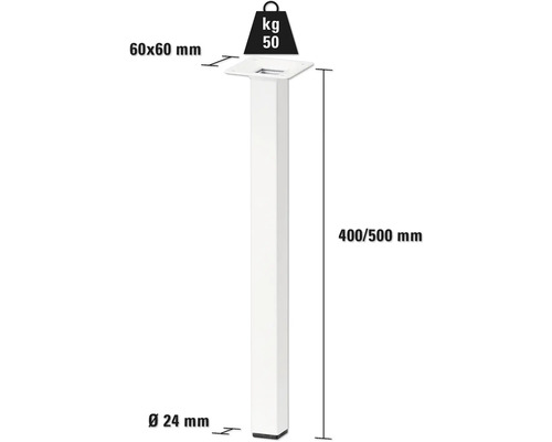 Desen tehnic al unui picior de mobilă cu dimensiunile 60x60 mm, diametrul 24 mm și o înălțime de 400 până la 500 mm, capacitate portantă 50 kg.