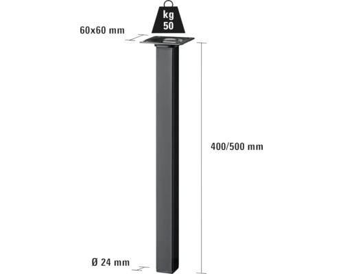 Picior de masă din metal, capacitate portantă 50 kilograme, diametru 24 milimetri, înălțime 400 până la 500 milimetri