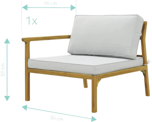 Fotoliu de grădină cu braț din lemn cu perne și dimensiuni