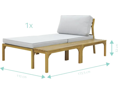 Șezlong de grădină cu suport pentru picioare din lemn și tapițerie, dimensiunile sunt afișate