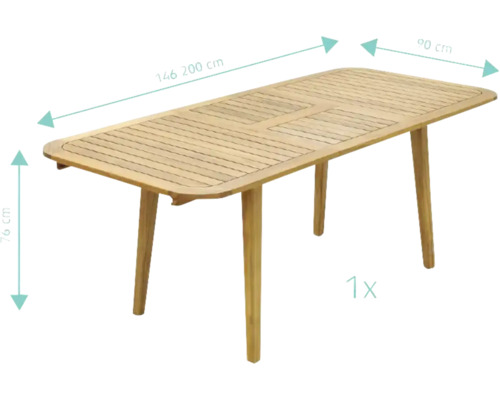 Măsuță de grădină dreptunghiulară din lemn, cu dimensiunile de 146,2 x 90 x 76 centimetri.