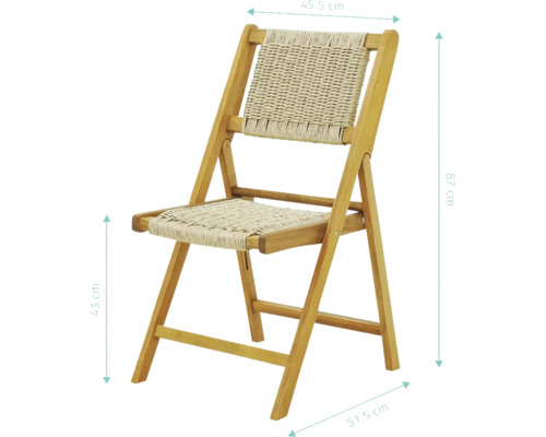 Scaun pliabil din lemn cu șezut și spătar împletit, dimensiunile sunt afișate.