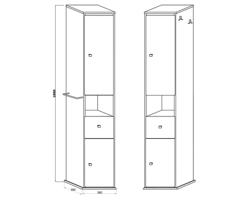Desen tehnic al unui dulap de baie cu ușă, sertar și compartiment deschis, dimensiuni 1880 x 390 x 390 milimetri