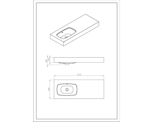 Desen tehnic cu blat de lavoar cu bazin și dimensiuni